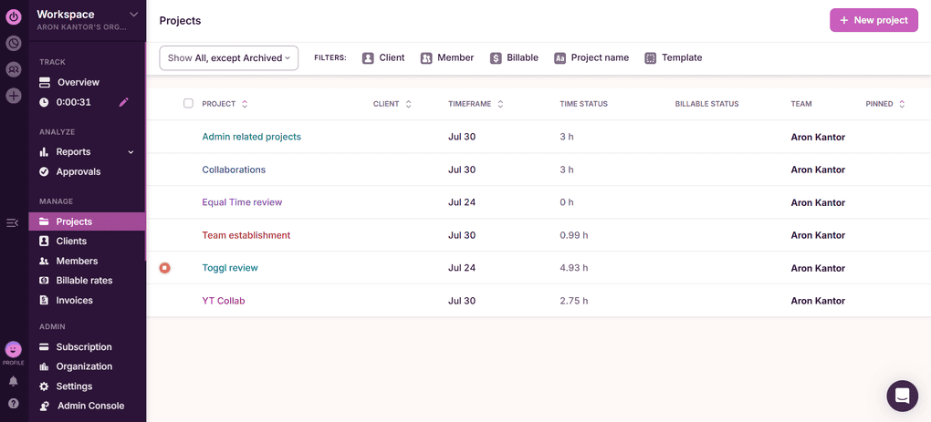 Toggl Track's project management feature