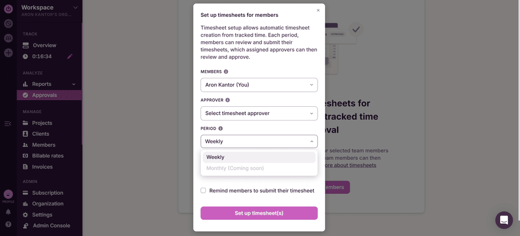 Toggl Track's timesheet feature
