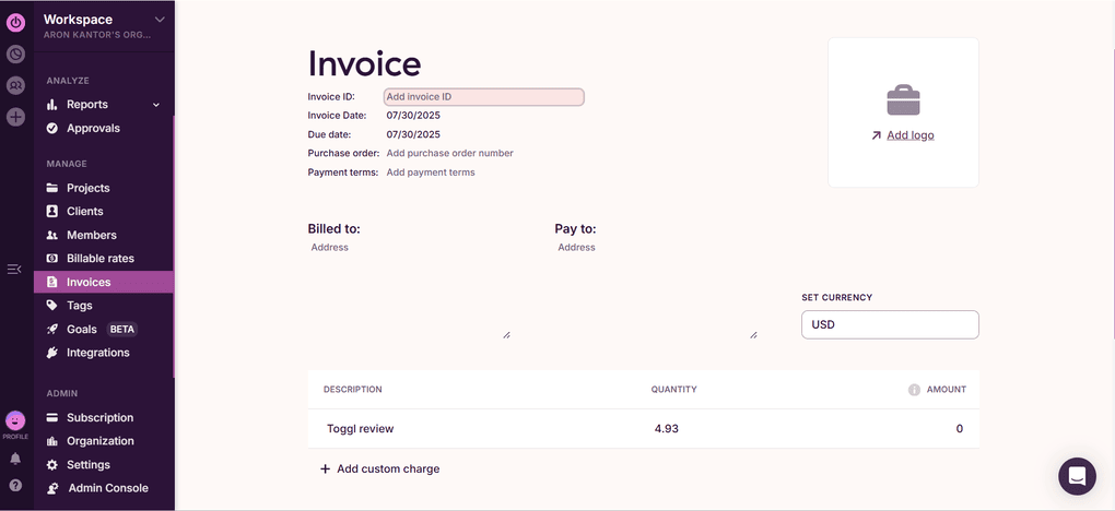 Toggl invoicing feature review