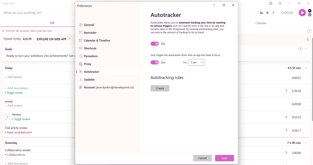 Toggl's automated time tracking feature