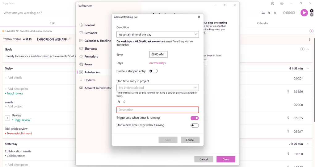 Using Toggl Track's automated time tracking tool