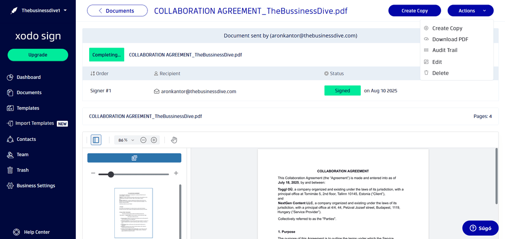 Xodo Sign sending documents