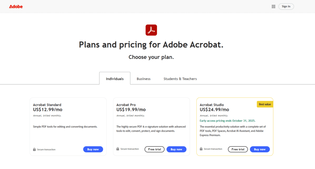 Adobe Acrobat pricing plans