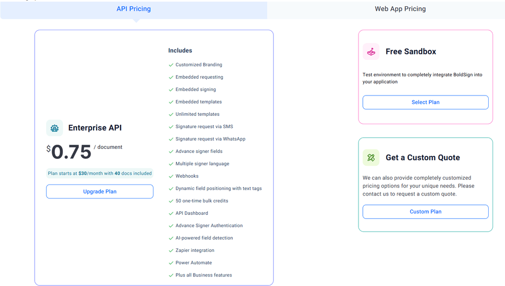 Boldsign API pricing plans