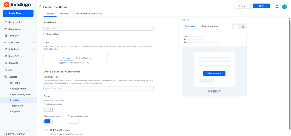 Boldsign branding feature