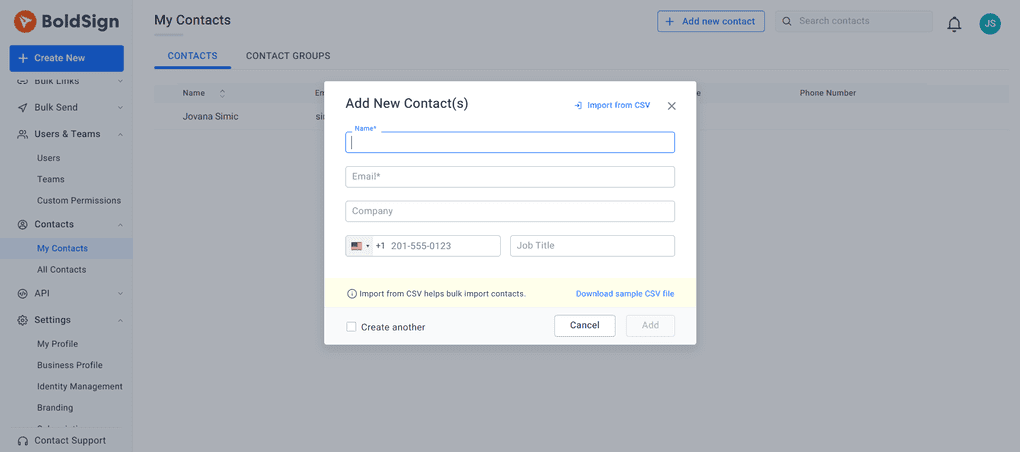 Boldsign contacts feature