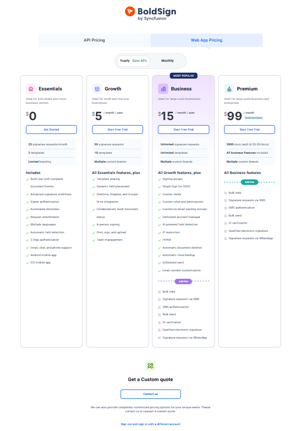 Boldsign pricing plans