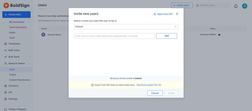Boldsign users and teams feature
