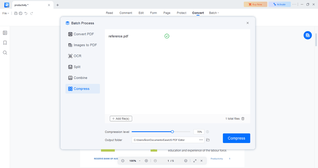 Compressing PDF files with EaseUS