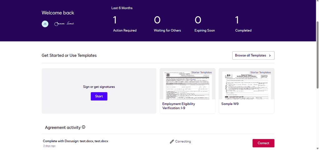 Docusign home screen review