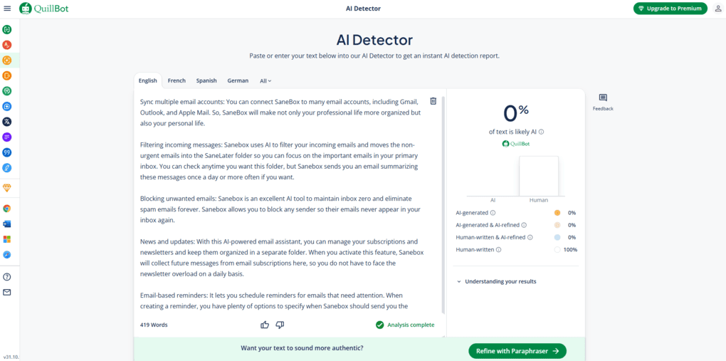 Quillbot's AI detector feature