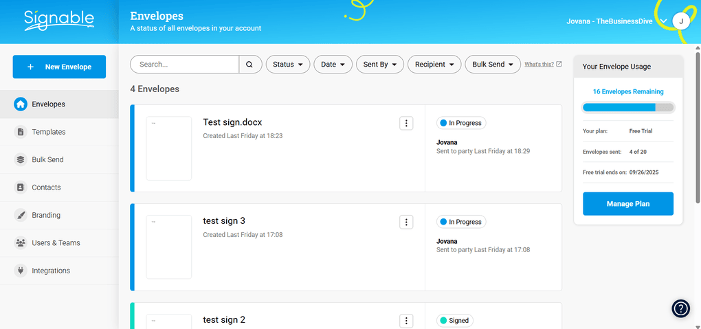 Signable envelopes feature
