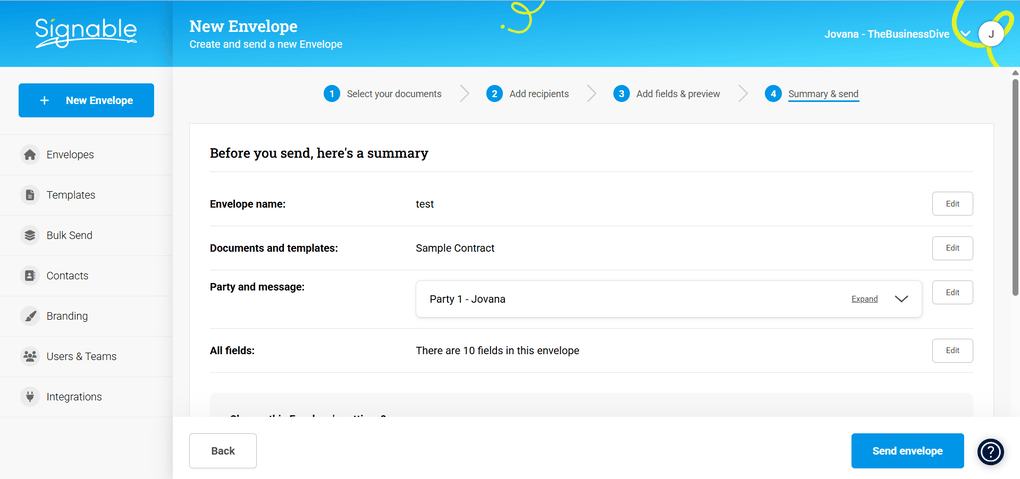 Signable new envelope feature