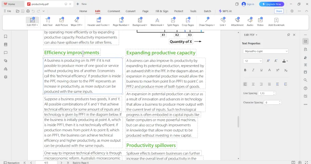 WPS's PDF editing features