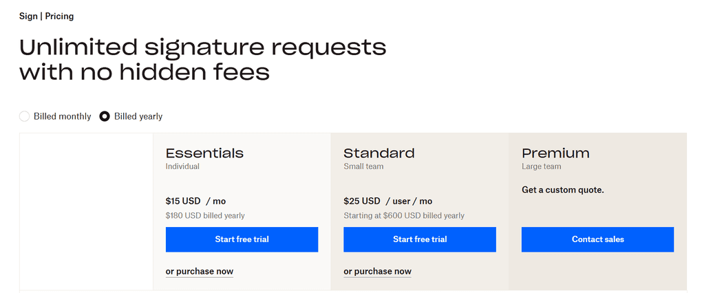 Dropbox sign pricing plans