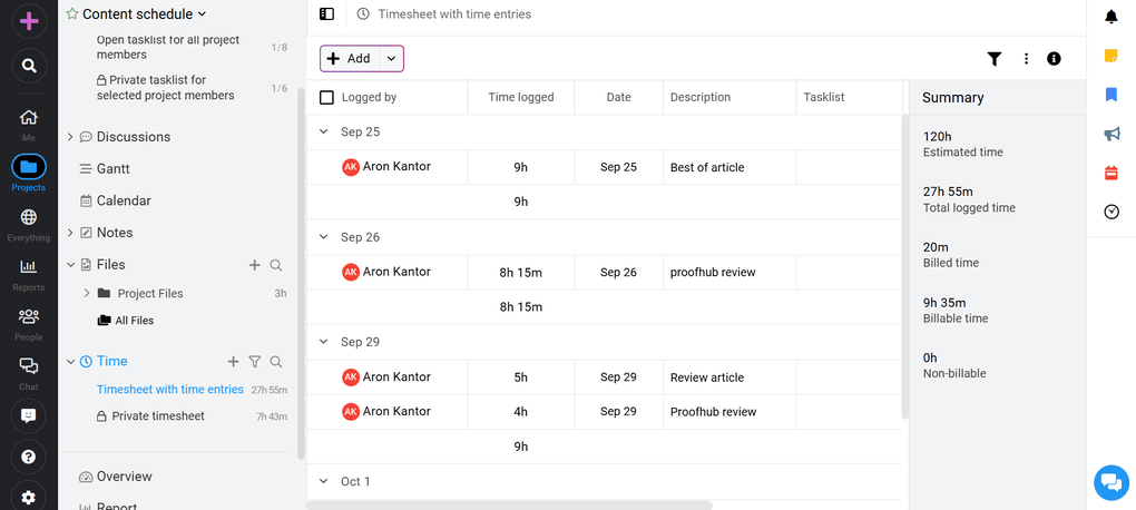 ProofHub's time tracking feature review