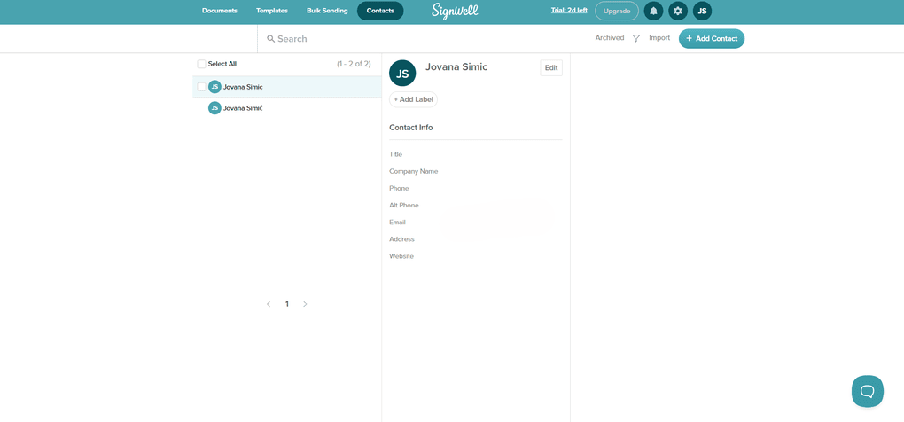 SignWell contacts feature