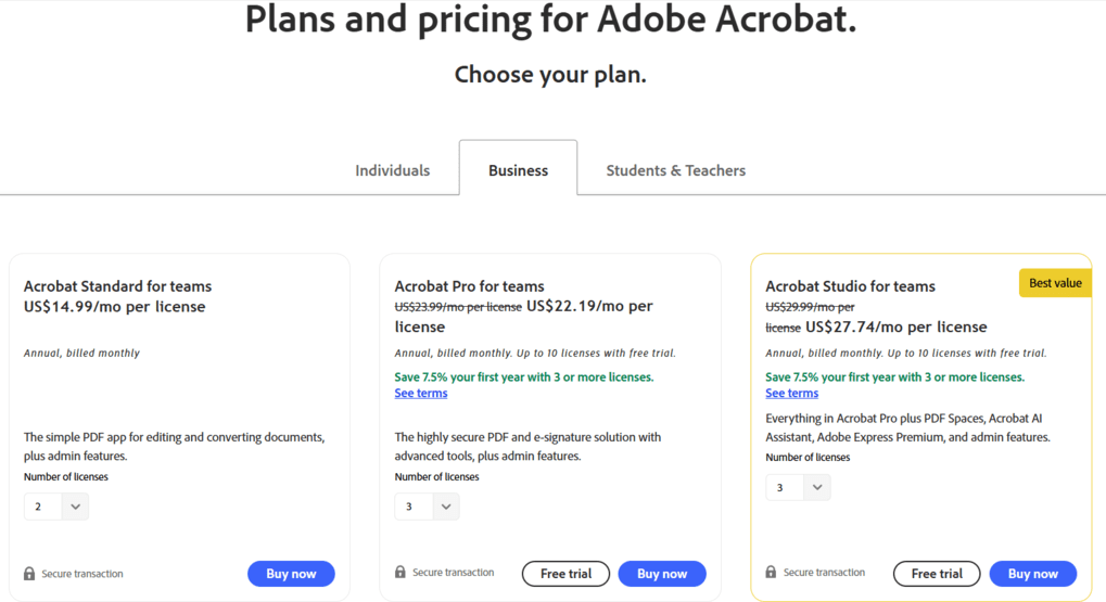 adobe acrobat sign pricing