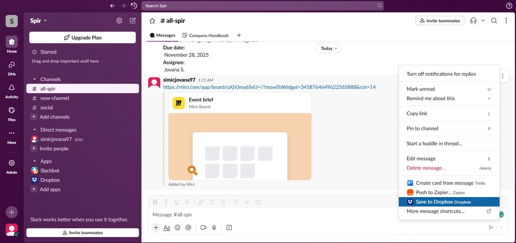 Dropbox's share files directly in Slack feature