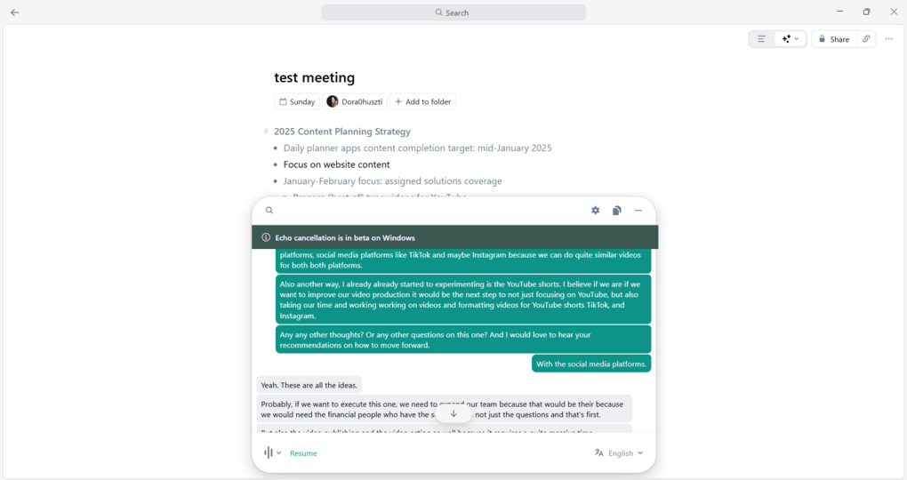 Granola features for virtual meetings