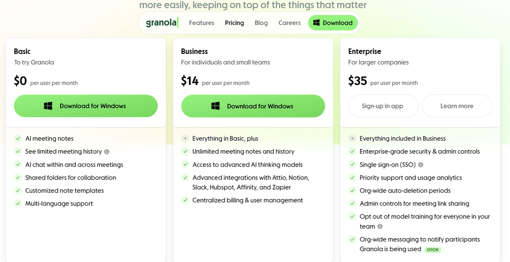 Granola pricing plans