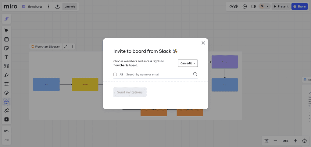Miro's invite to board from Slack feature