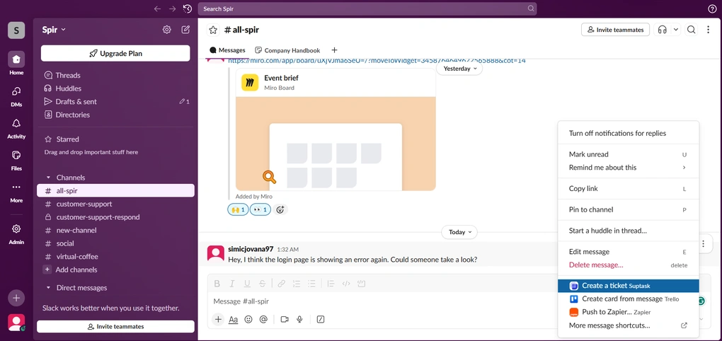 Suptask's Slack ticketing inside channels and DMs feature