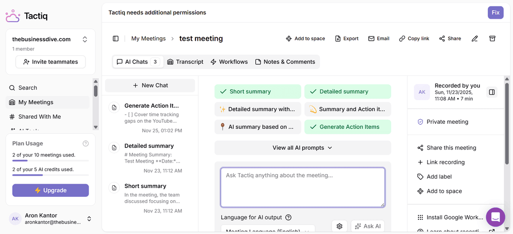 Tactiq's AI meeting note taker