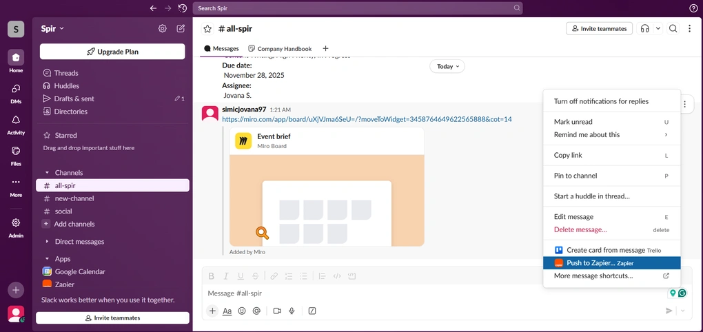 Zapier's push from Slack to Zapier feature