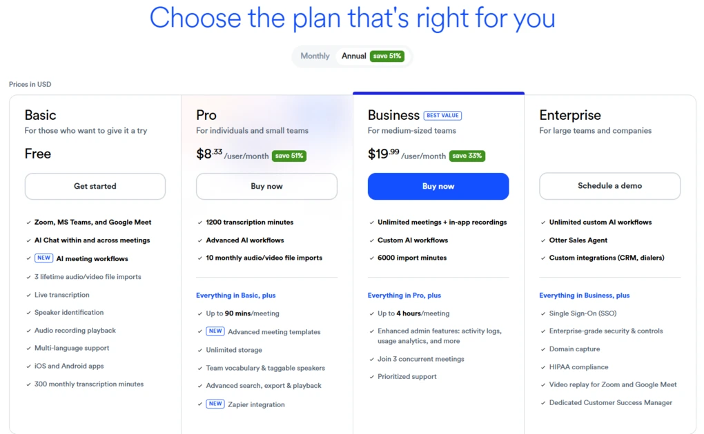 otter ai pricing plans