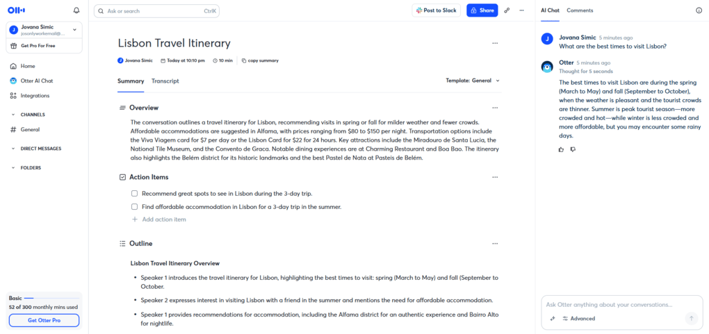 otter ai transcript summary