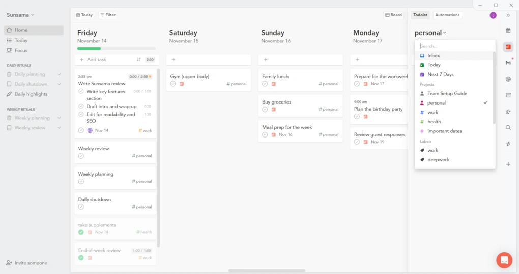 sunsama todoist integration