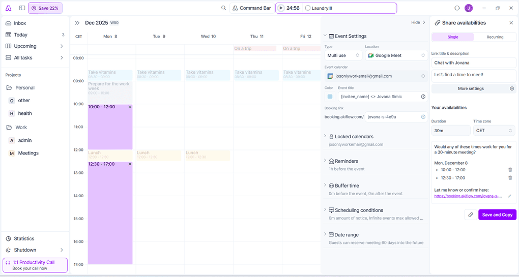 Akiflow share availability