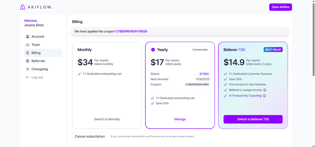 Akiflow's pricing