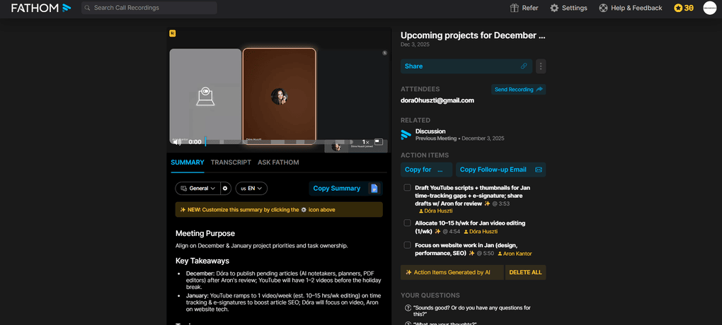 Fathom's meeting recording features