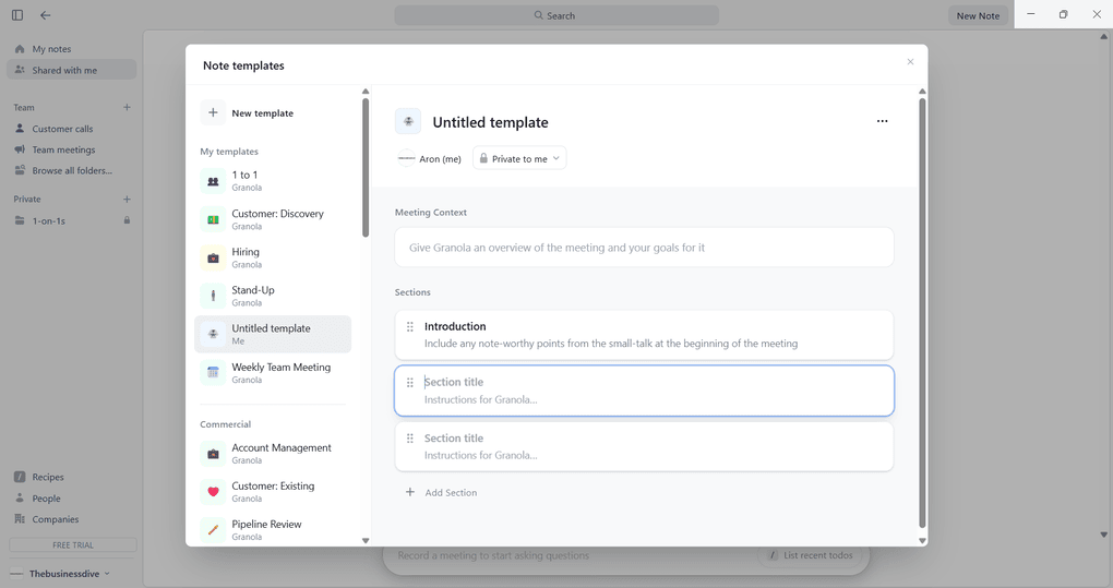 Granola meeting templates feature review