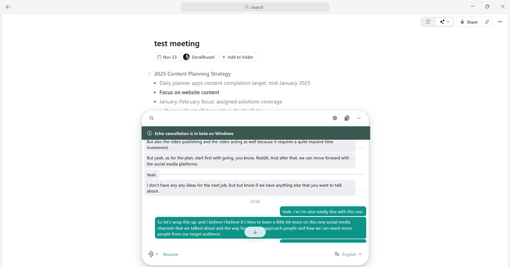 Granola's real-time transcription feature