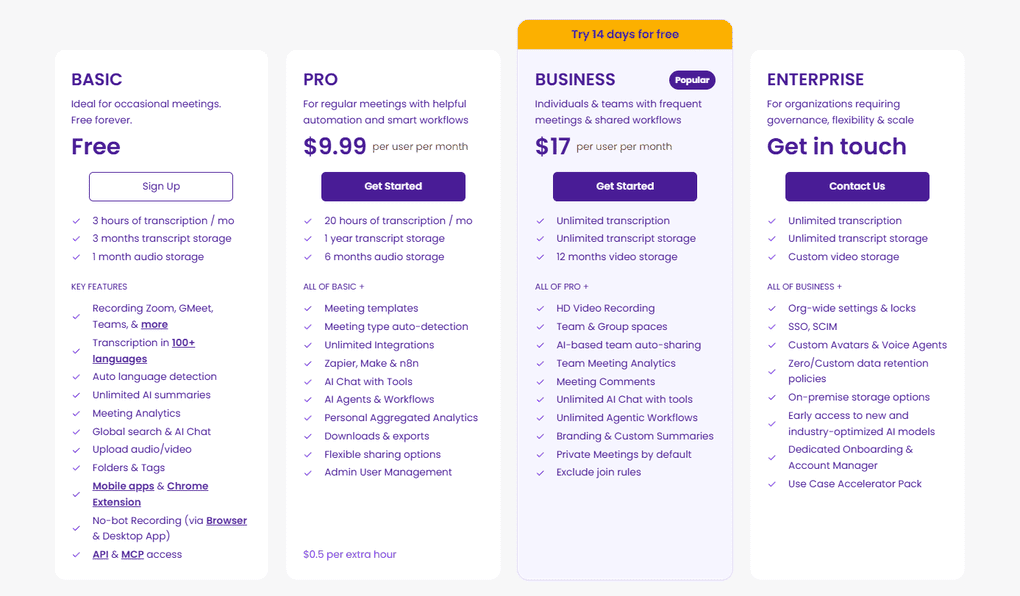 MeetGeek's pricing plans