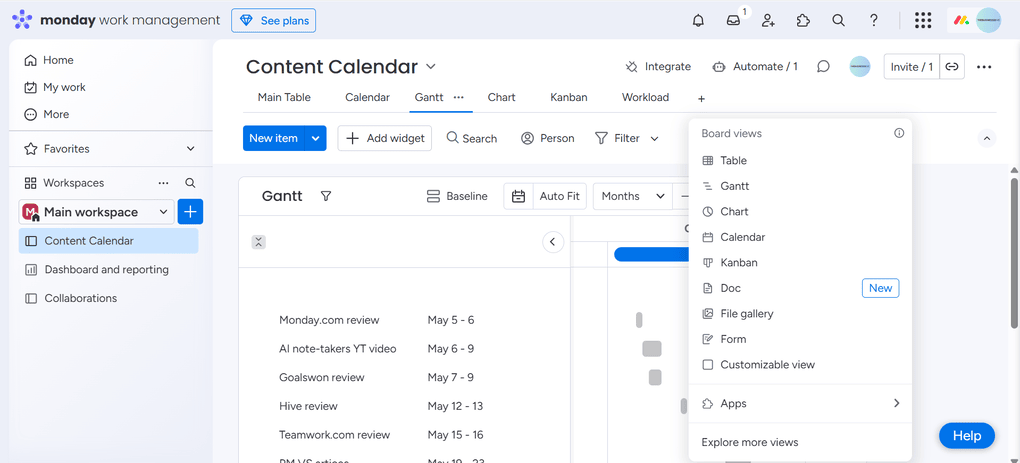 Monday.com board views