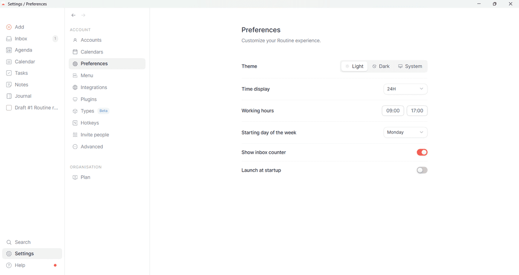 Routine customization and settings