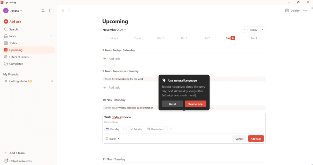Todoist natural language input