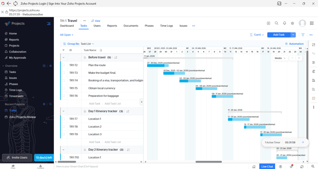 Zoho Projects gantt chart
