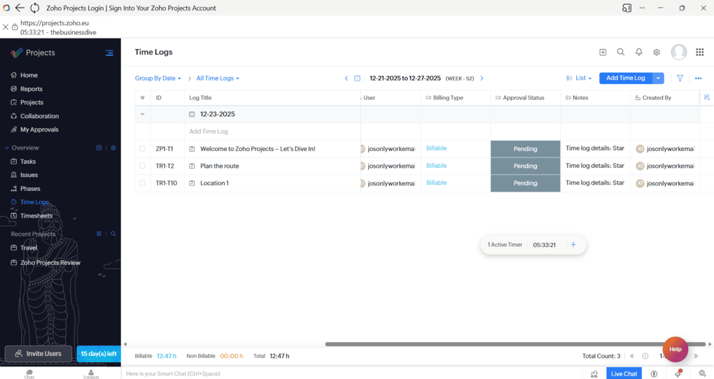Zoho Projects time tracking
