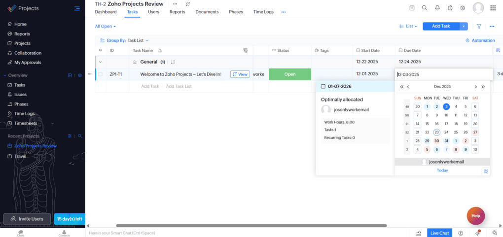 Zoho Projects workload allocation