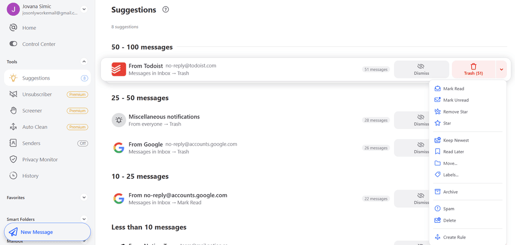 Clean Email Cleaning suggestions feature