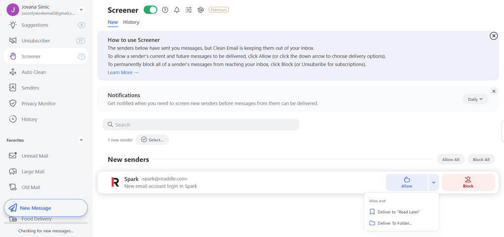 Clean Email Screener feature