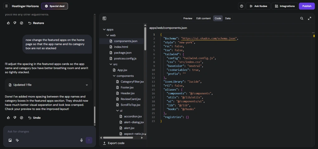 Hostinger hORIZONS' KEY FEATURES