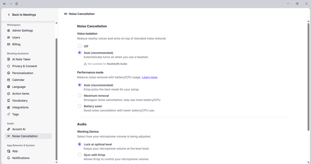 Krisp background noise cancellation feature