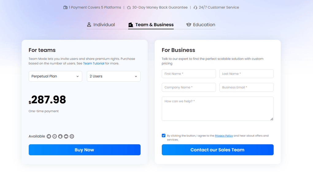 LightPDF pricing plans for teams