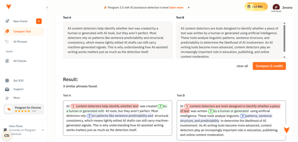 Pangram compare text feature